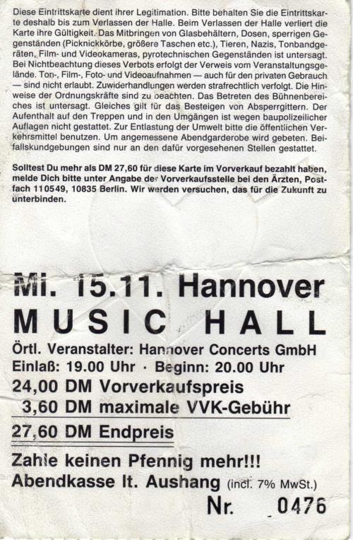 Eine Frage der Ehre: Ticket: Hannover 15.11. (back)